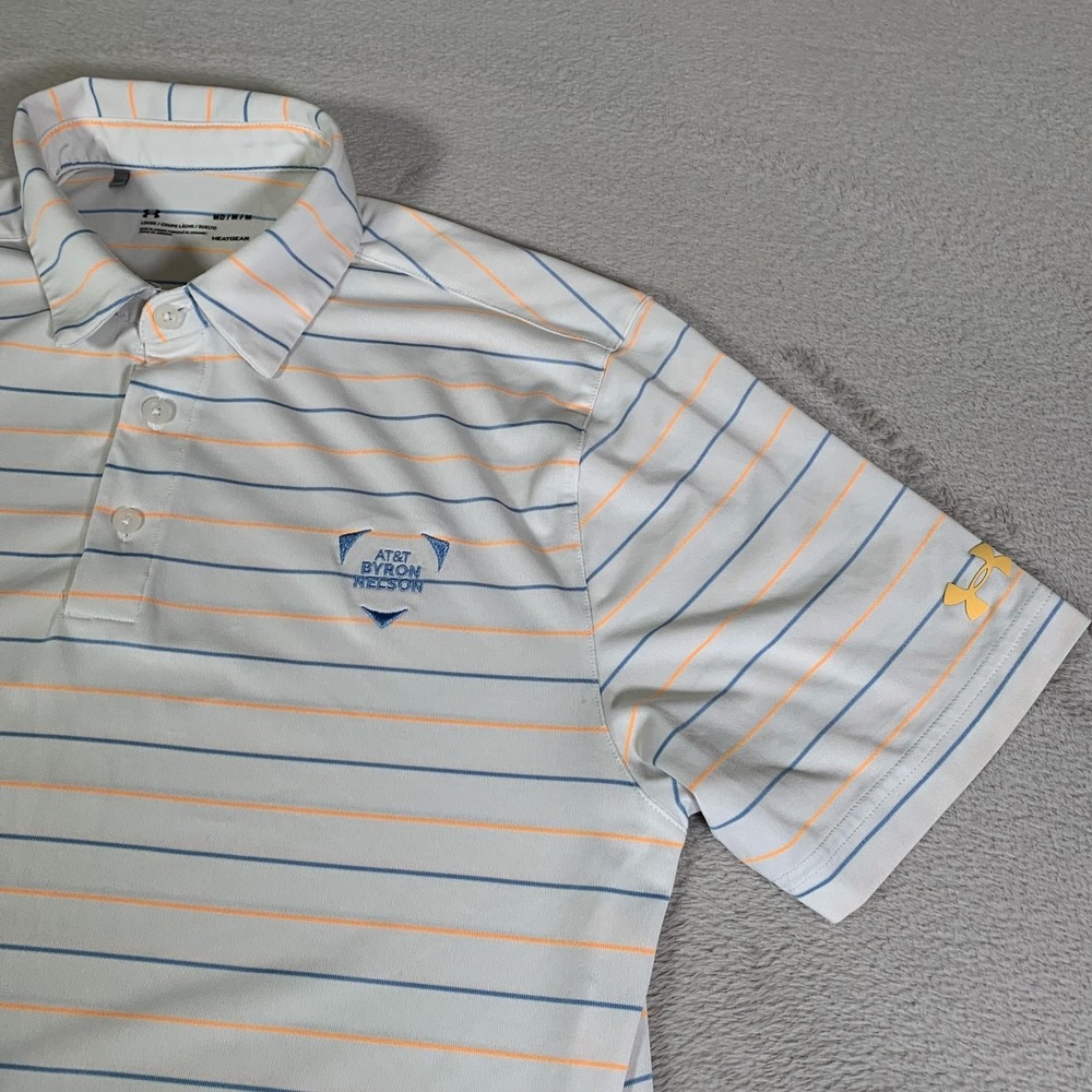 Under Armour Polo Shirt Mens Medium White Stripe HeatGear Golf Byron Nelson AT&T